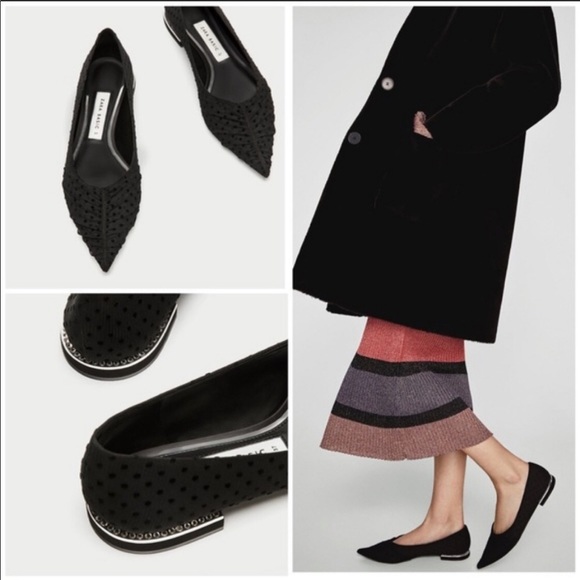 Zara Shoes - Zara black pointy mesh dot rhinestone flats shoes